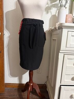 Black Tie-Waist Pencil Skirt with Front Pockets